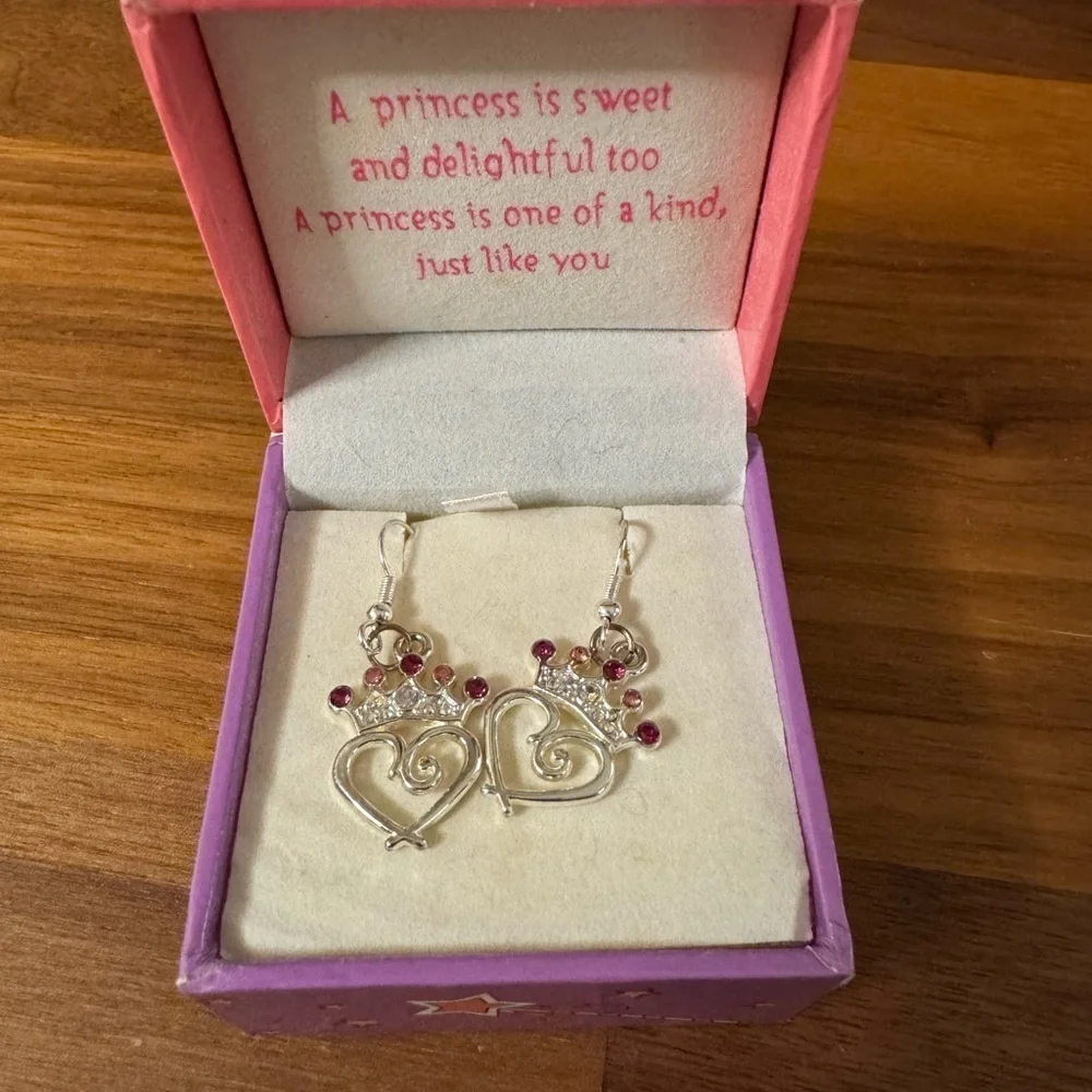 Silver Heart Crown Earrings with Pink Accents